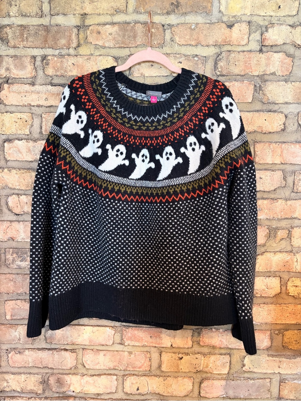 Vince Camuto Black Fair Isle Ghost Yoke Sweater with Orange & Olive Accents
